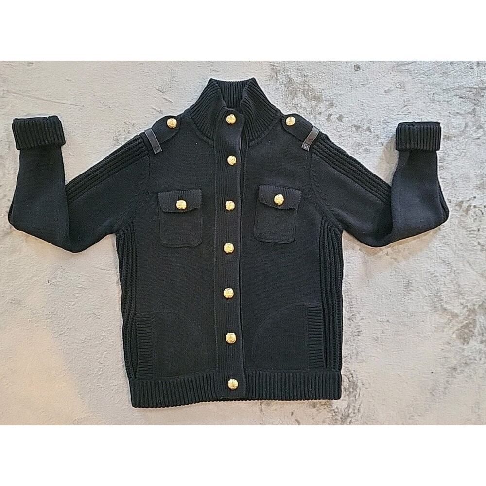 Lauren Ralph Lauren Womens Jacket Petite Medium Track Black Gold Button Preppy